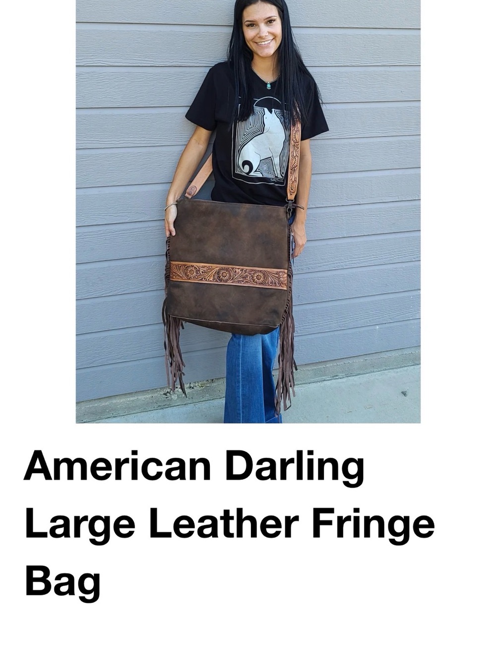 American Darling Distressed Brown Leather Fringe Messenger Bag with Tooled Strap
